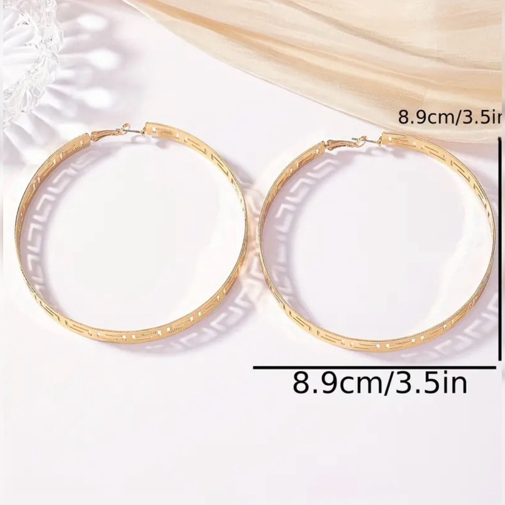 Gold Tone Big Hoop Earrings Versace-esque Greek Key Design - Picture 5 of 6